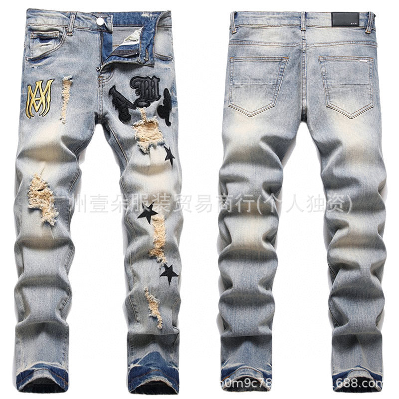 Amiri Letter Embroidery Washed Slim Tapered Denim Jeans Unisex