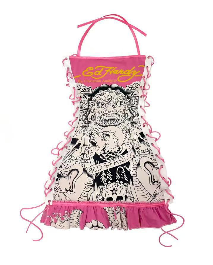 Vintage Skull Print Lace Up Cami Mini Dress Halloween