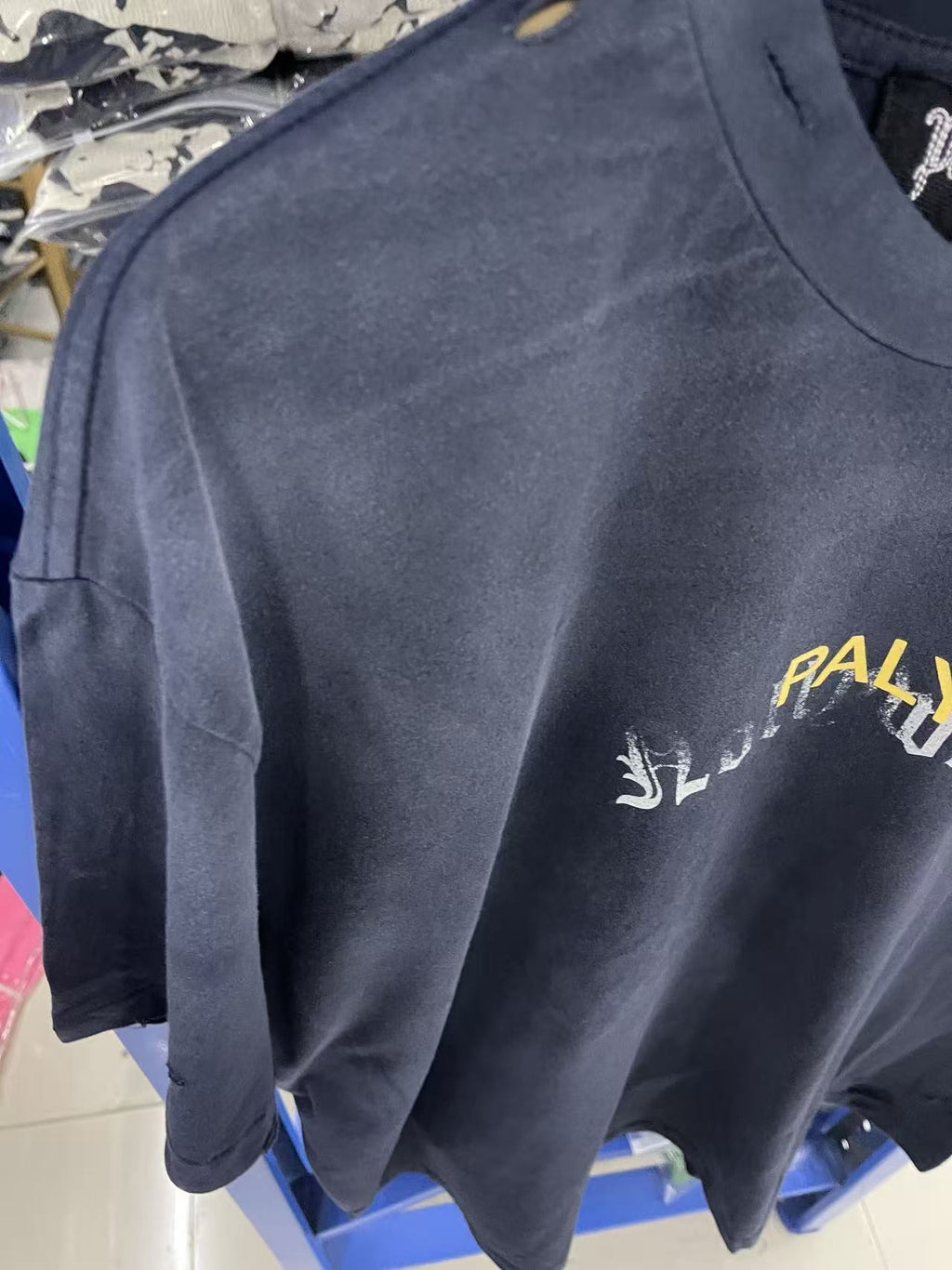 Paly Hollywood Letter Print Distressed Pocket Washed Crew Neck T Shirt