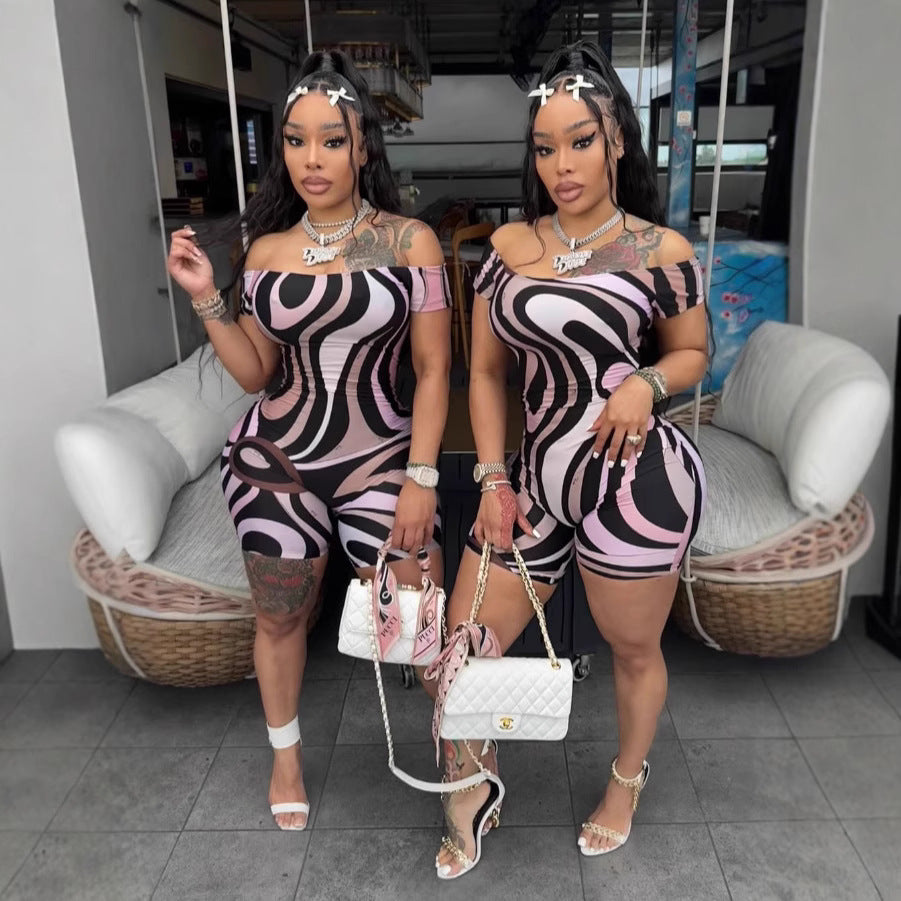 Off Shoulder Abstract Print Bodycon Romper Shorts Women Sexy Club Jumpsuit