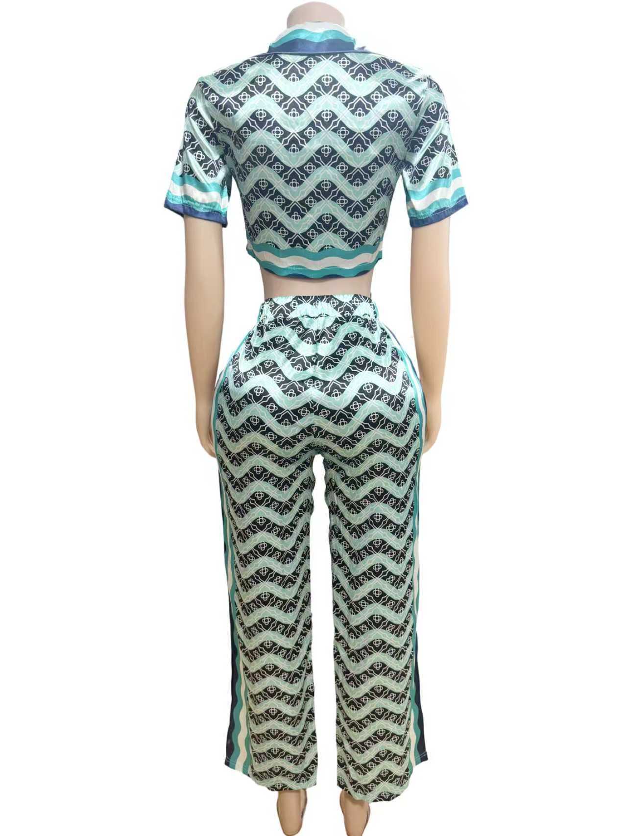 Graphic Printed Collared Crop Shirt Wide Leg Pants 2 Piece Outfit Women