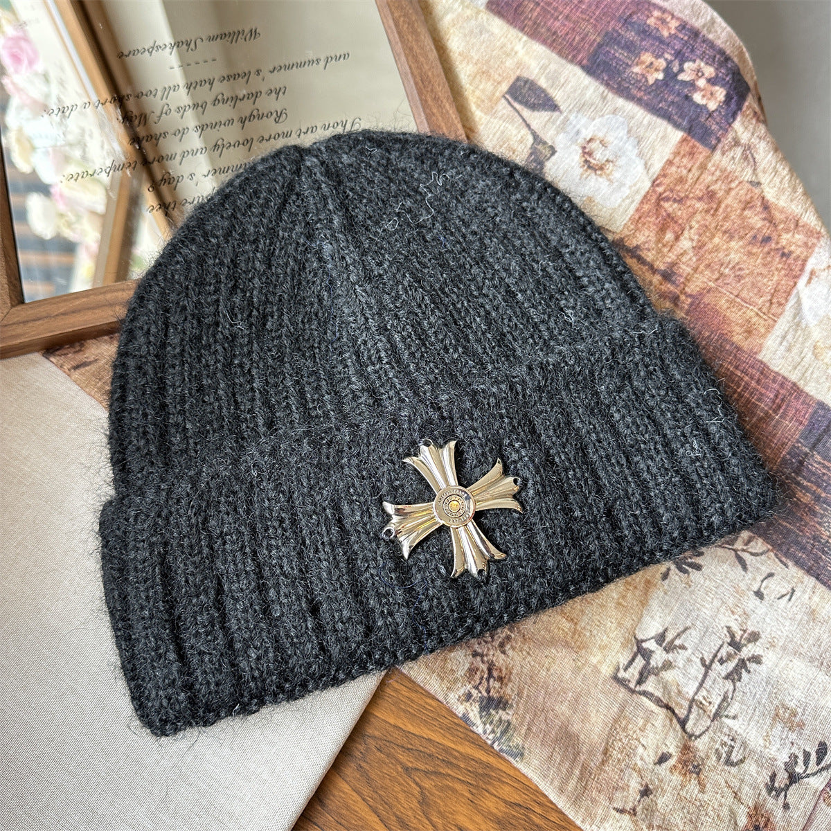 Metal Cross Knit Cuffed Beanie Vintage Winter Skull Cap Multi‑Color
