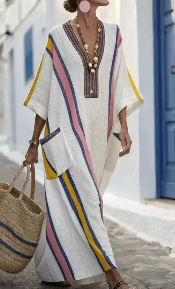 Women Boho Striped Embroidery V Neck Loose Kaftan Maxi Beach Dress