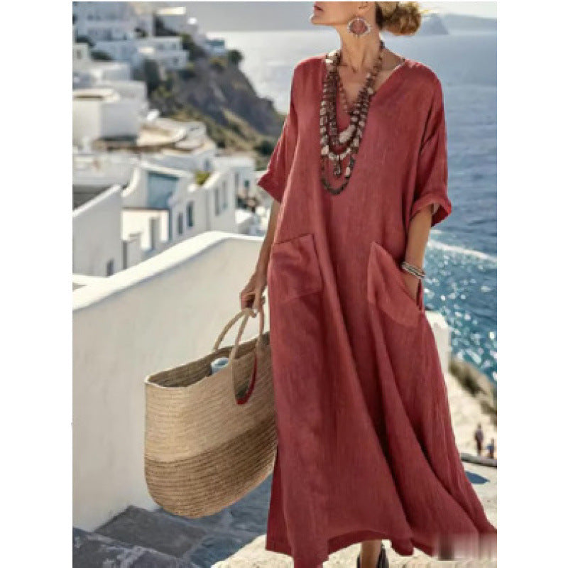 Women Boho V Neck Patch Pocket Print Loose Kaftan Maxi Beach Dress