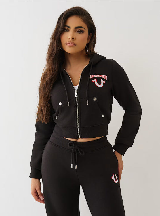 Y2K True Religion Horseshoe Logo Zip Crop Hoodie Straight Jogger 2 Piece Set