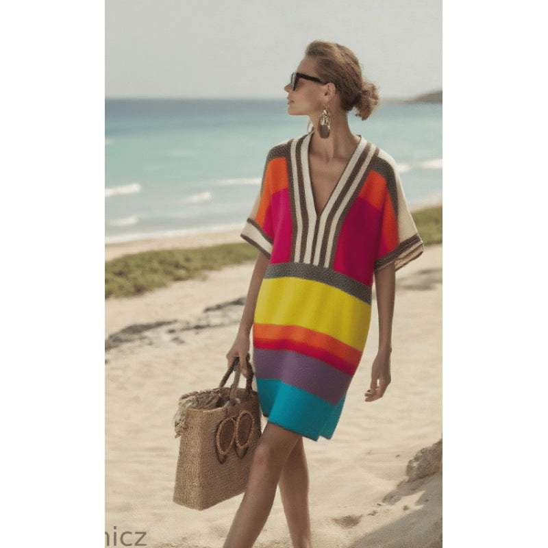 Women Boho Striped V Neck Loose Kaftan Midi Beach Dress