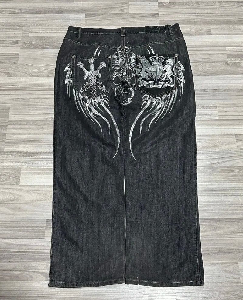 Y2K Gothic Baggy Weite Jeans mit Flügel- und Kreuz-Stickerei