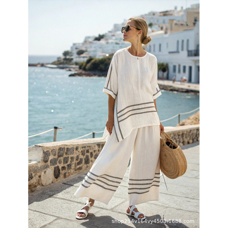 Women Boho Striped Plus Size Loose Kaftan Beach Set