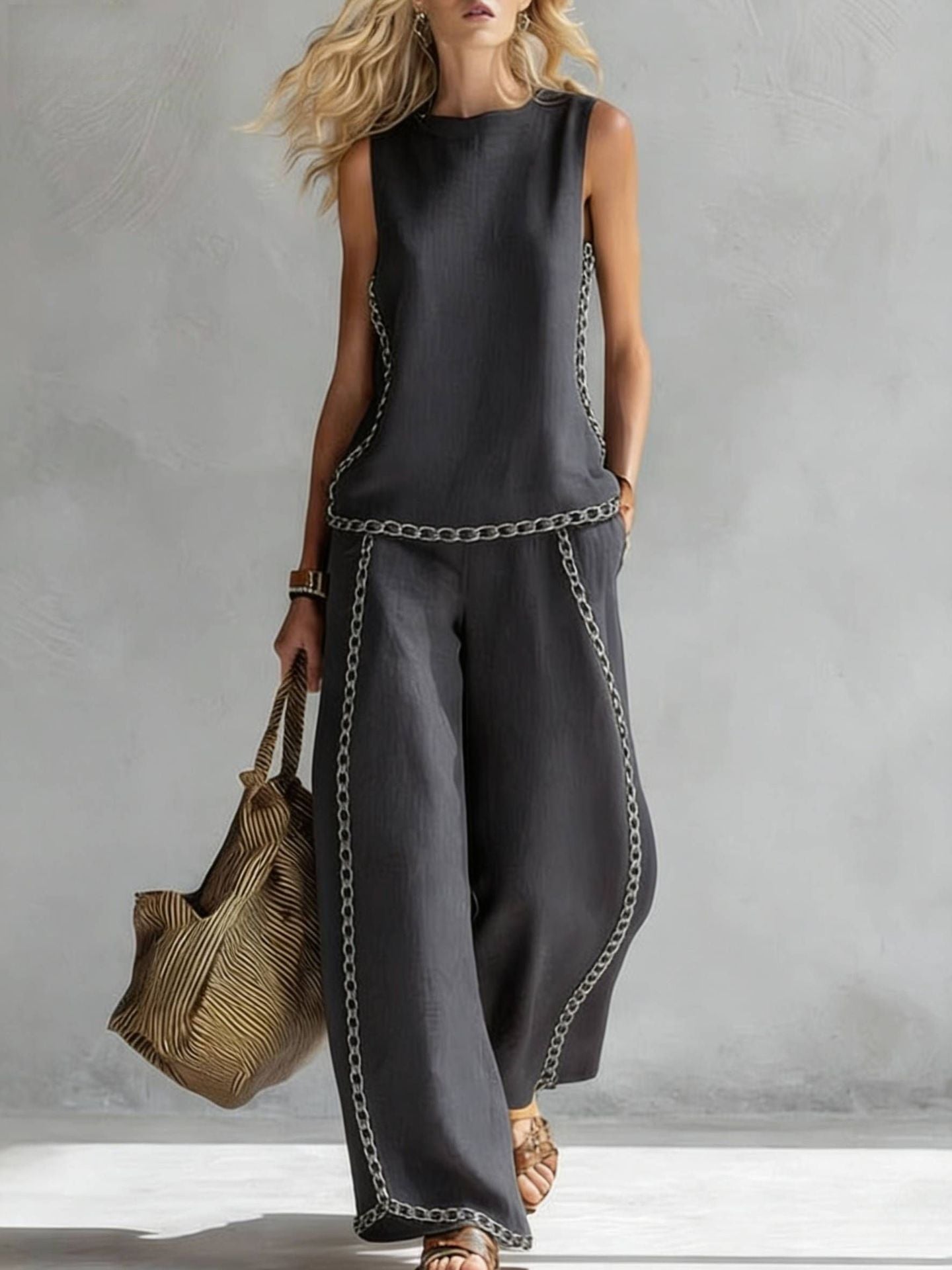Boho Floral Trim Sleeveless Wide Leg Two Piece Set