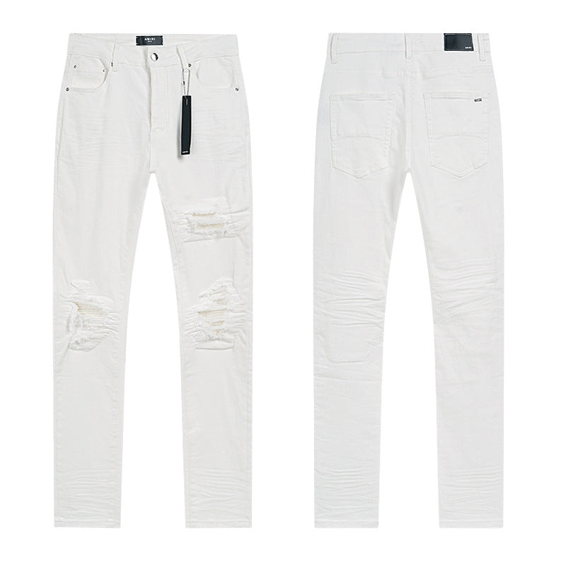 Amiri Letter Patch Distressed Patchwork Stretch Slim Tapered Jeans