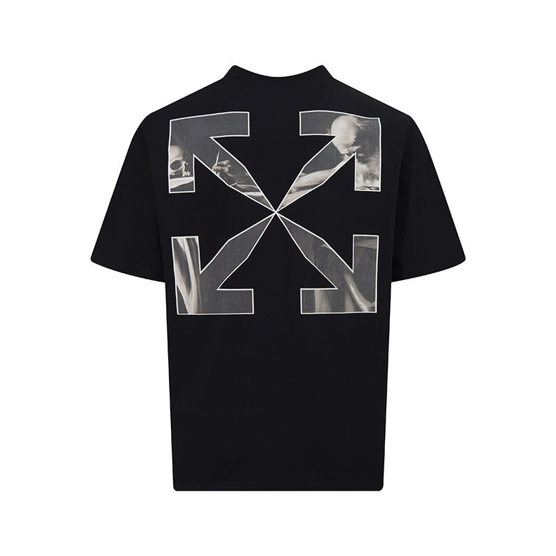 Tape Arrow Graphic Print Streetwear Crew Neck Short Sleeve T Shirt