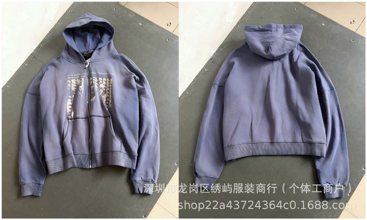 ERD Distressed Photo Letter Print Hoodie Vintage Cotton Pullover