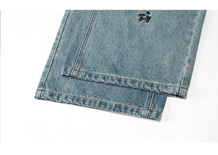 Light Blue Puppy Embroidered Wide Leg Denim High Waist Loose Trousers