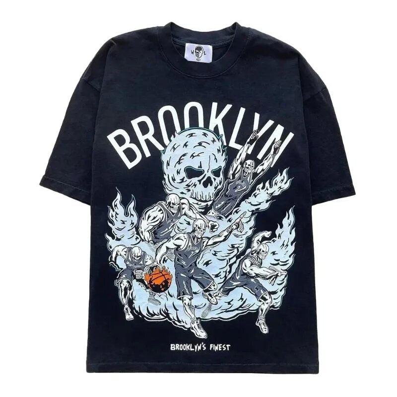 Vintage NBA Team Skelett Grafik Unisex Oversized Streetwear Baumwoll T-Shirt