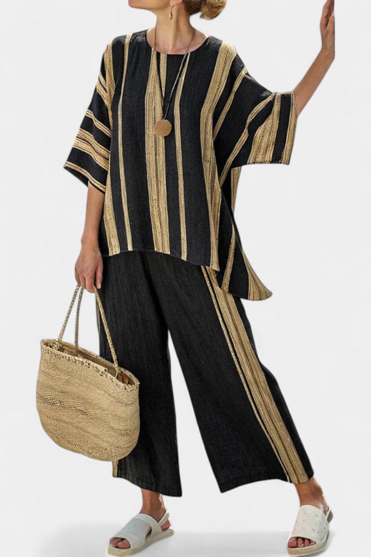 Women European Boho Striped Plus Size Loose Kaftan Beach Vacation Set