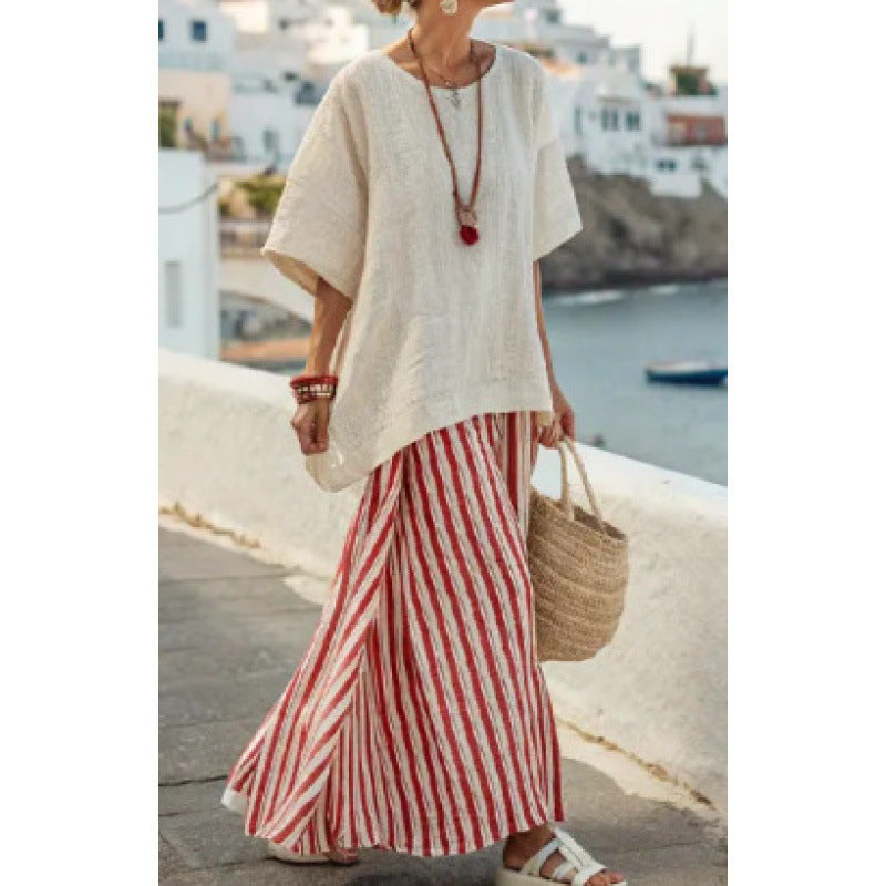 Women Boho Striped Plus Size Loose Kaftan Beach Set
