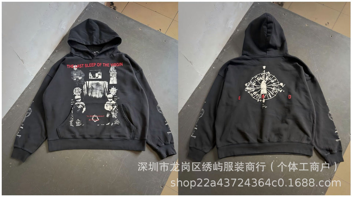 ERD Distressed Photo Letter Print Hoodie Vintage Cotton Pullover