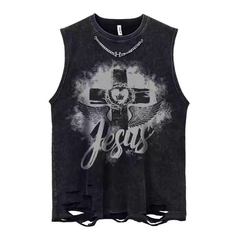 Vintage Washed Ripped Tank Cotton Loose Streetwear Sleeveless Vest