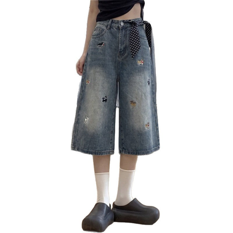 Dog Embroidered Wide Leg Denim Capri Pants Women Loose Cropped Jorts