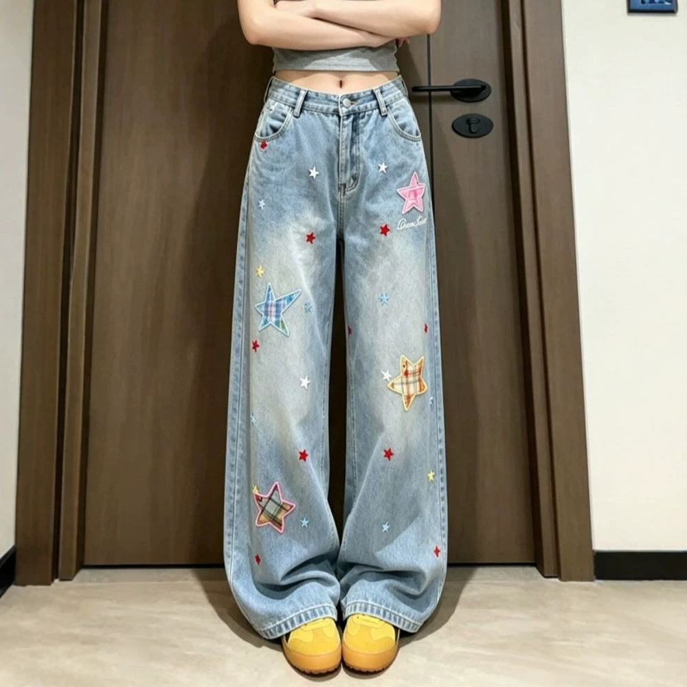 Light Wash Star Patch Wide Leg Denim Jeans Loose Floor Length Pants