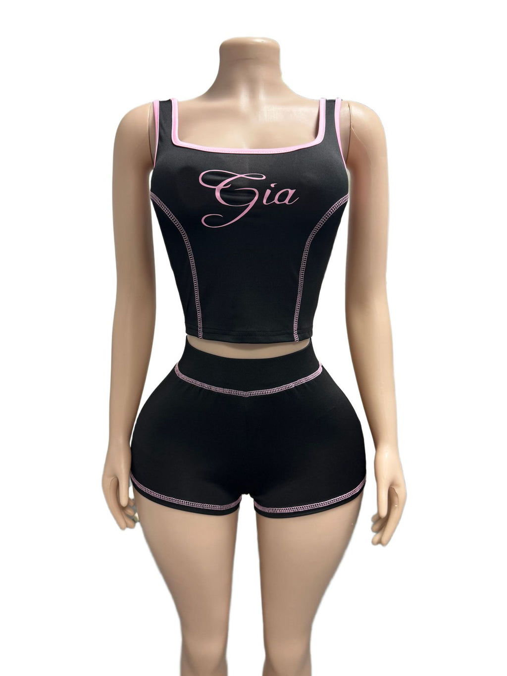 I.AM.GIA Contrast Piping Letter Print Square Neck Tank Short 2 Piece Set