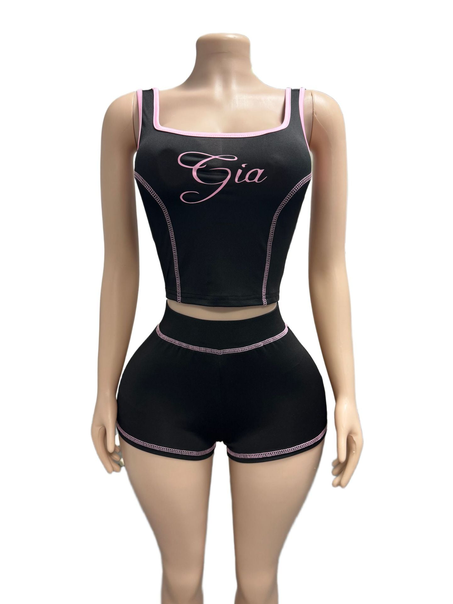 I.AM.GIA Contrast Piping Letter Print Square Neck Tank Short 2 Piece Set