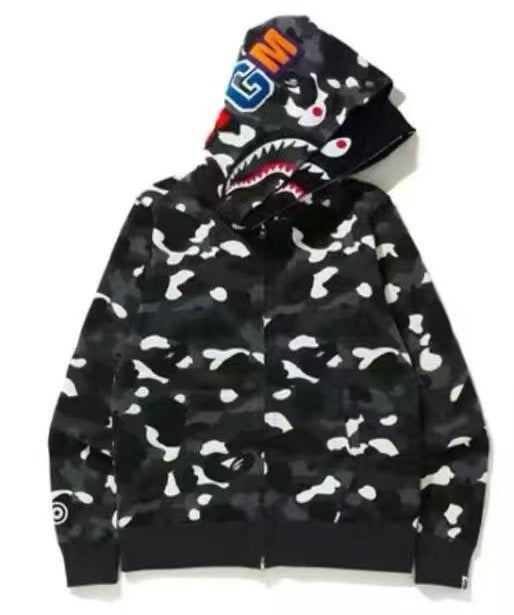 BAPE Double Hood Shark Tiger Camo Embroidered Zip Hoodie