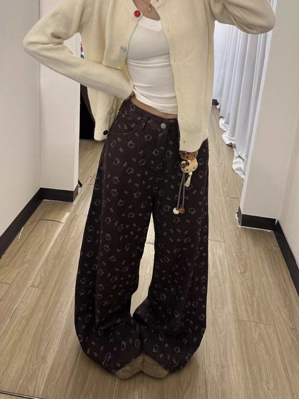 Brown Hello Kitty Print Wide Leg Denim Jeans High Waist Loose Trousers