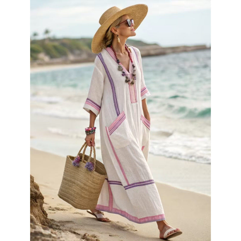 Women Boho Striped Embroidery V Neck Loose Kaftan Maxi Beach Dress