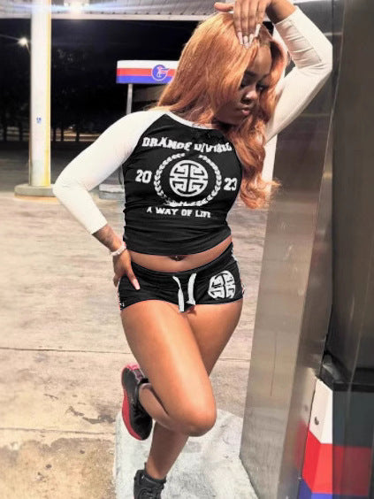 Dranoe Division Letter Print Raglan Crop Top Shorts 2 Piece Set Women