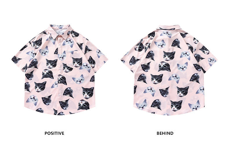 Collared Cat Print Open Front Tropical Short Sleeve Beach Shirt