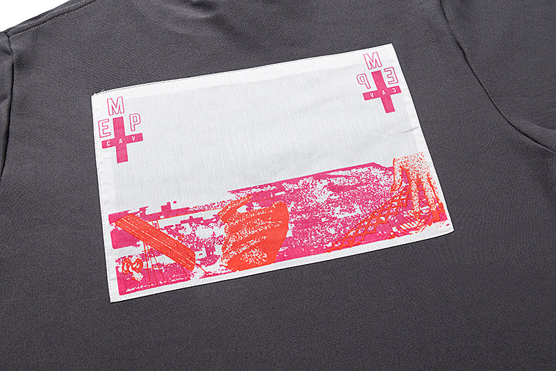 Washed Wax Dye Cross Letter Embroidery Crew Neck Long Sleeve T Shirt