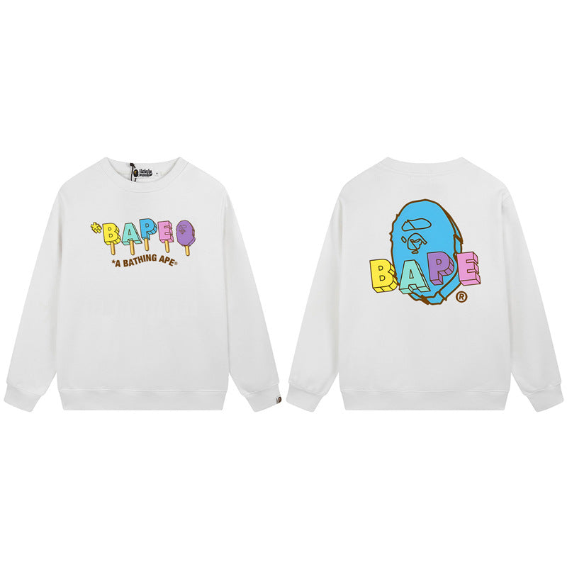 Bape Arch Letter Shark Ape Head Washed Oversized Crewneck Streetwear