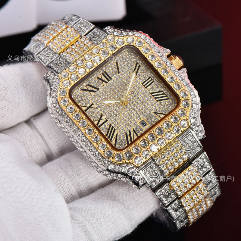 Iced Out Square Roman Numeral Quartz Watch