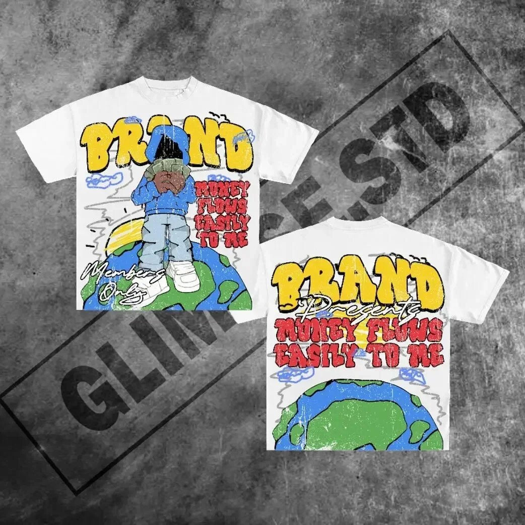 Y2K Rich Club Style Hip Hop Portrait Spruch Übergroßes Streetwear Baumwoll T-Shirt