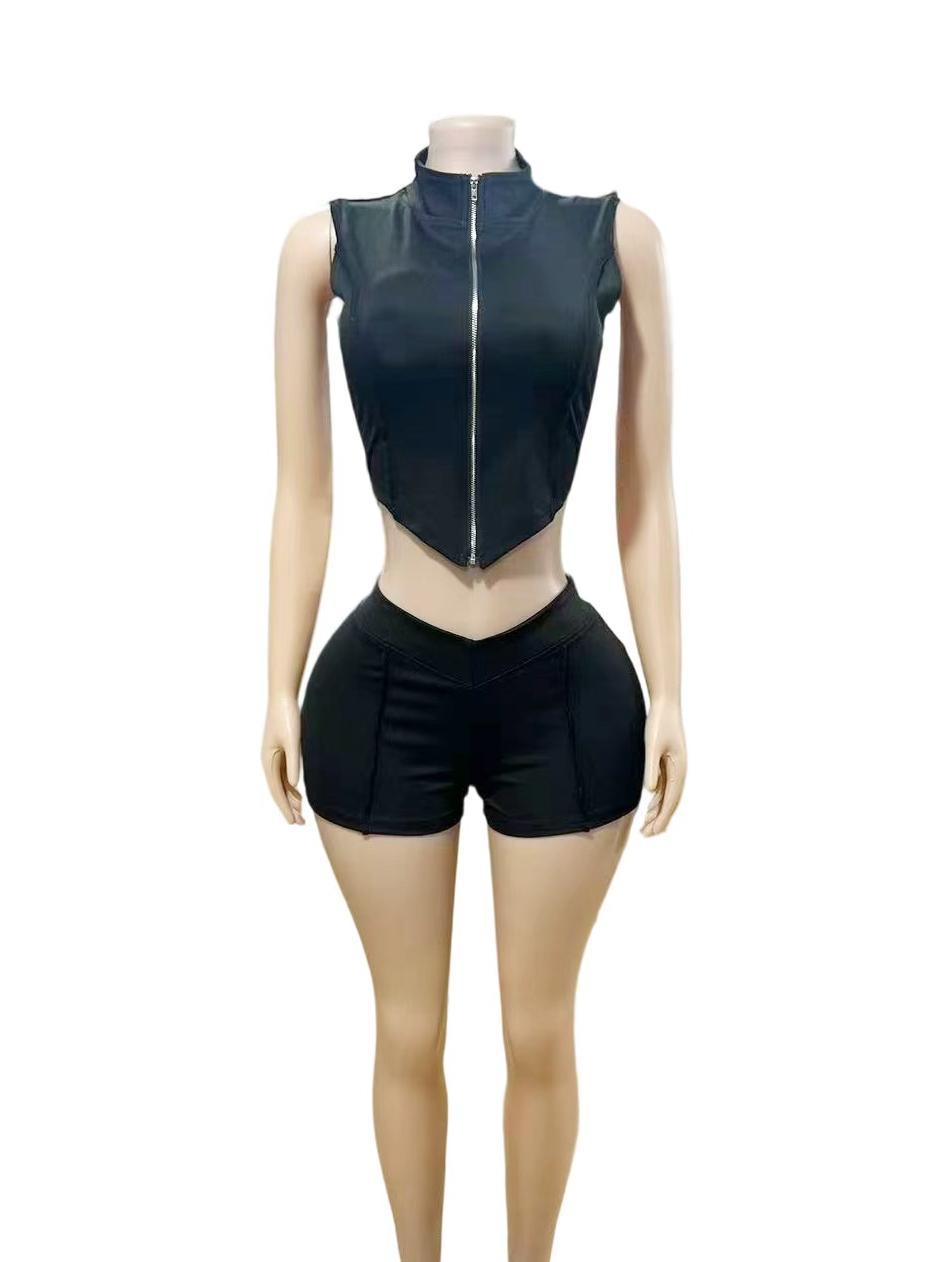 Solid Zip Front Sleeveless Crop Tank Biker Shorts 2 Piece Set