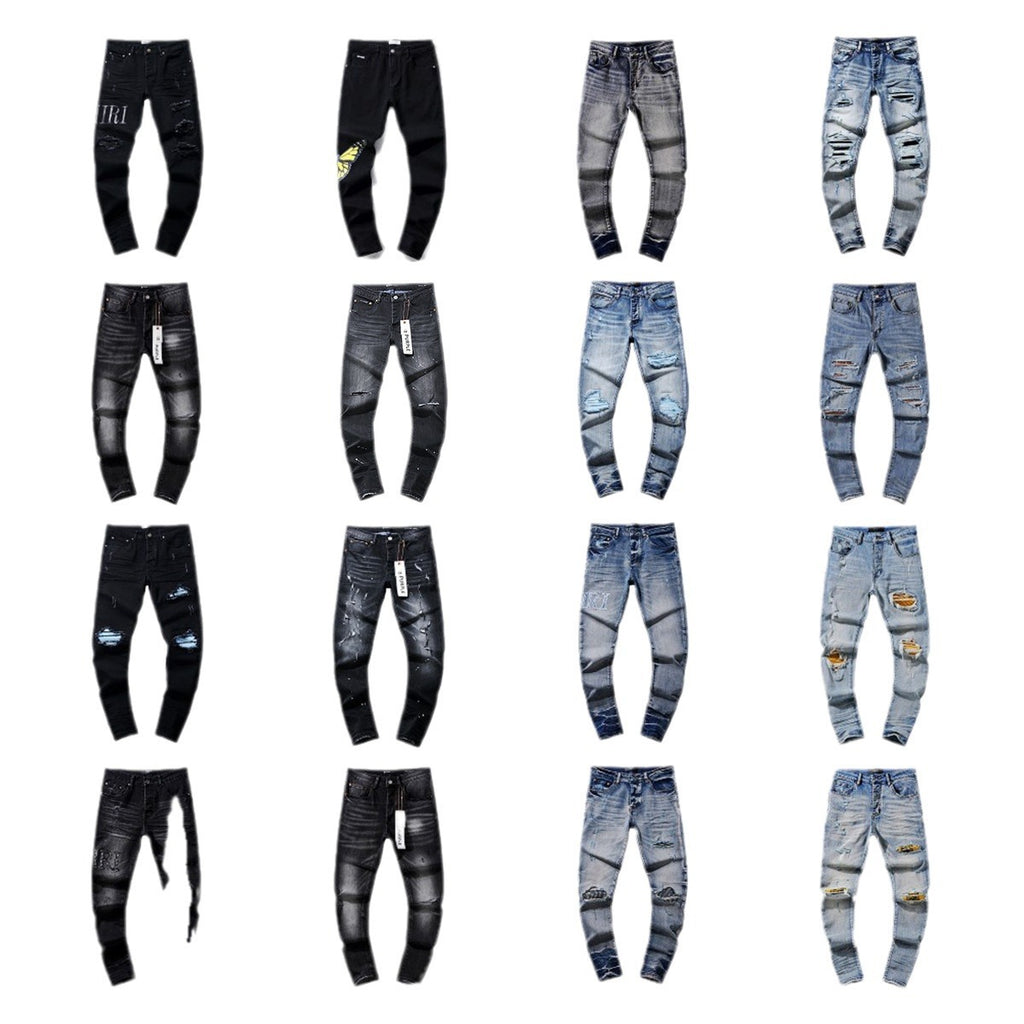 Purple Brand Vintage Washed Distressed Splash‑Ink Slim Tapered Jeans