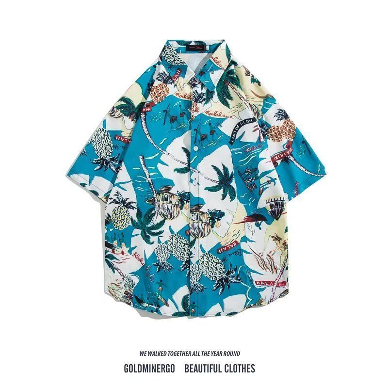 Mens Vintage Cartoon Tropical Print Short Sleeve Beach Shirt