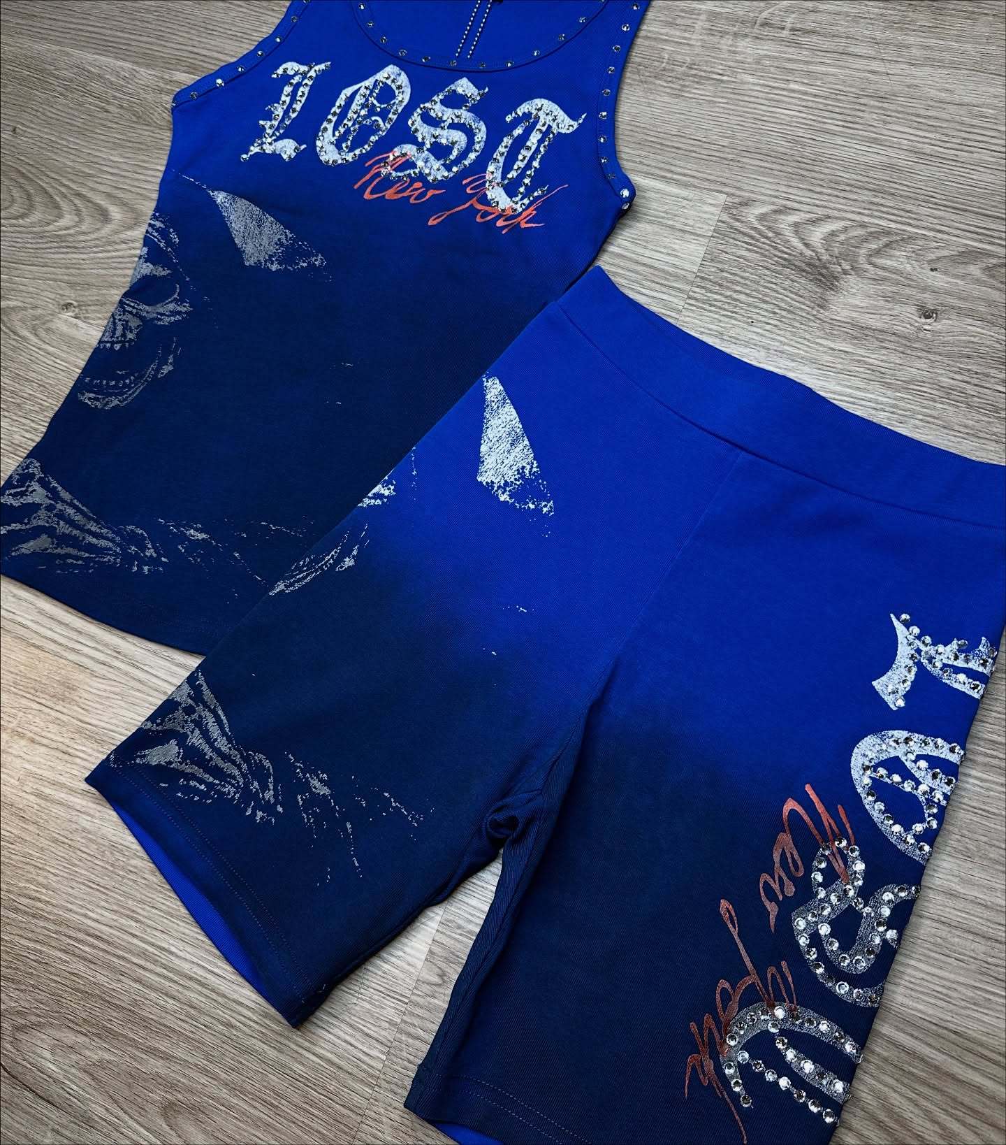 Lost Intricacy Blue Grim Glam Crop Top Shorts 2 Piece Set Women