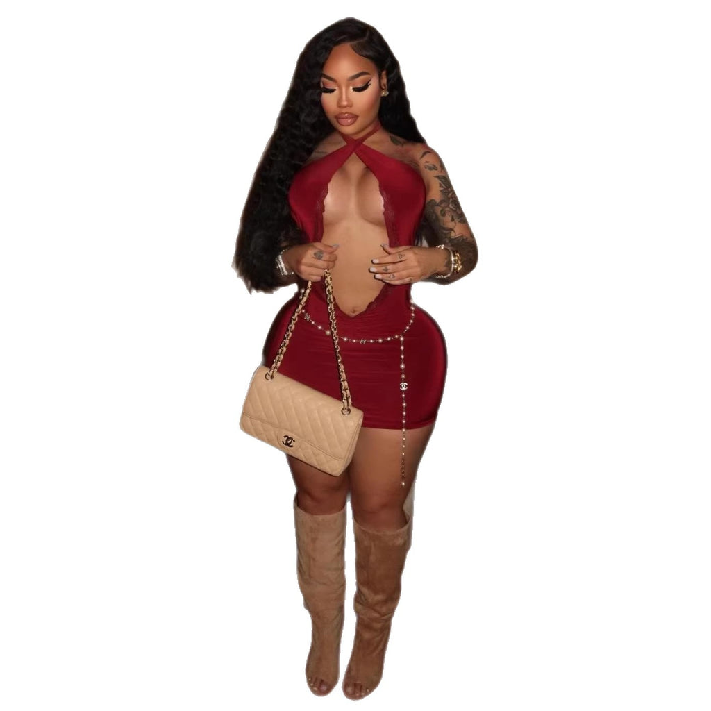 Lace Cutout Halter Bodycon Mini Dress Women Club Outfit