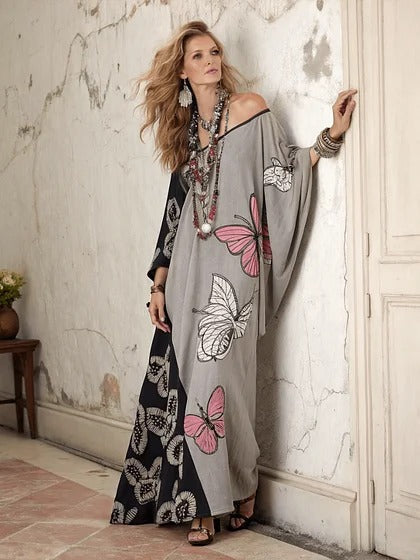 Women Boho Diagonal Striped Off Shoulder Loose Kaftan Maxi Beach Dress