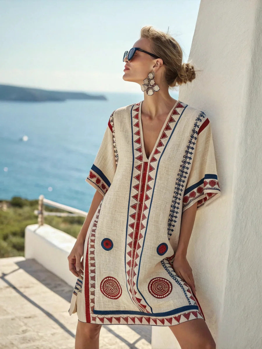 Women Boho Geometric Print V Neck Loose Kaftan Maxi Beach Dress