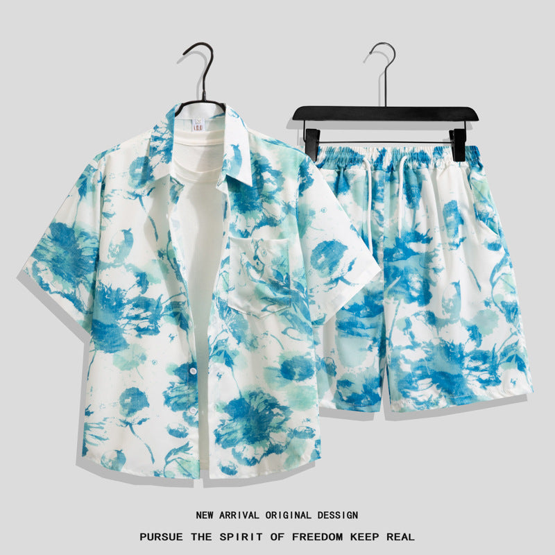 Ice Silk Quick Dry Couple Floral Loose Beach Shirt Shorts Set T3601-T3630