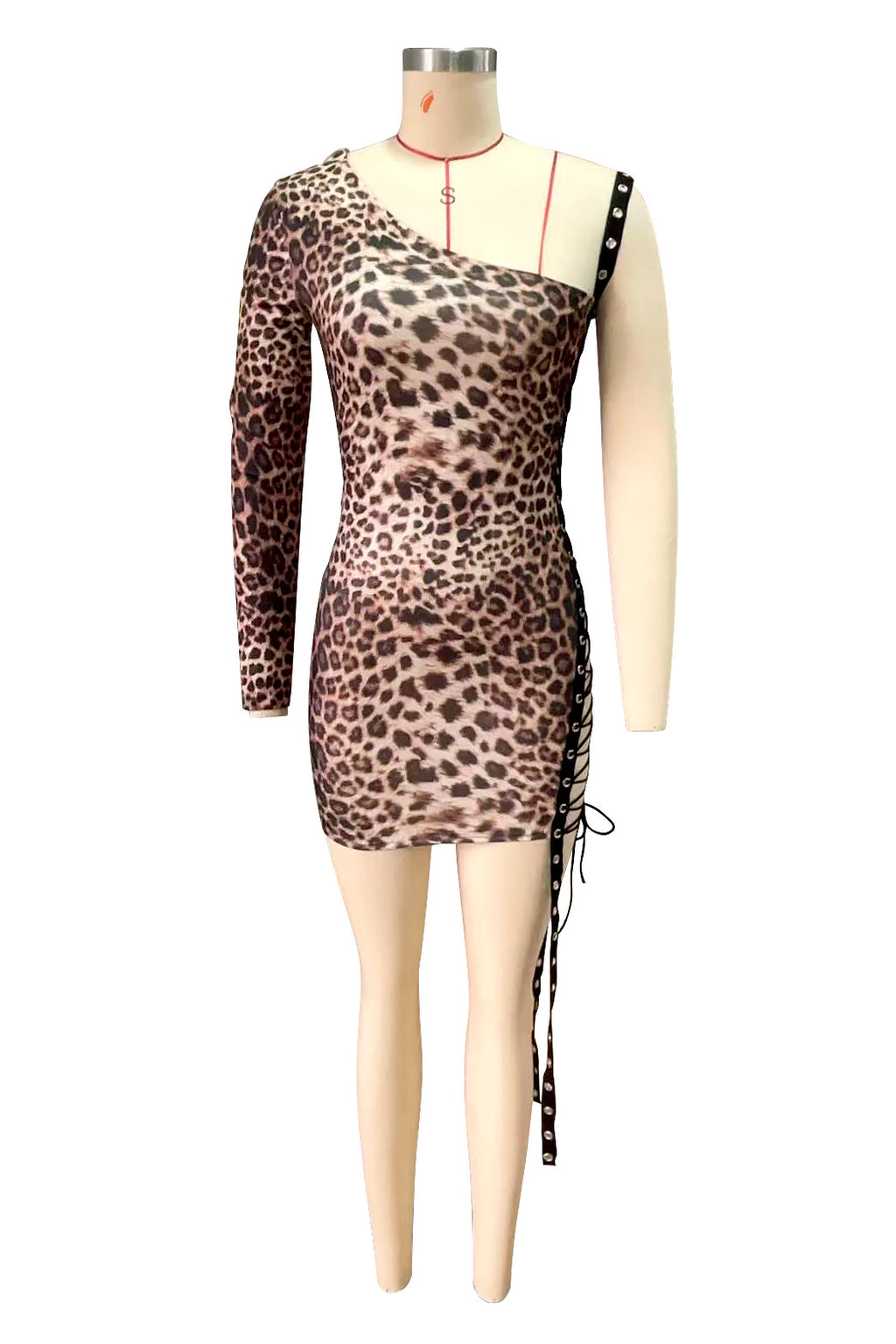 Leopard Print One Shoulder Lace Up Bodycon Mini Dress Women Club