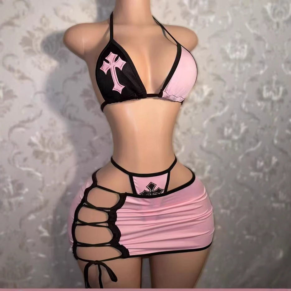 Y2K Cross Patch Halter Bikini Lace Up Mini Skirt 3 Piece Set