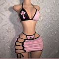 Y2K Cross Patch Halter Bikini Lace Up Mini Skirt 3 Piece Set