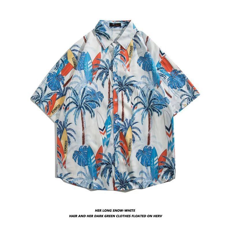 Mens Vintage Cartoon Tropical Print Short Sleeve Beach Shirt