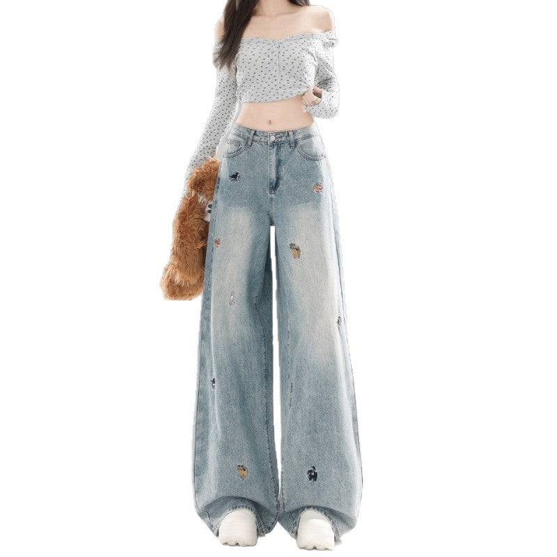 Light Blue Puppy Embroidered Wide Leg Denim High Waist Loose Trousers