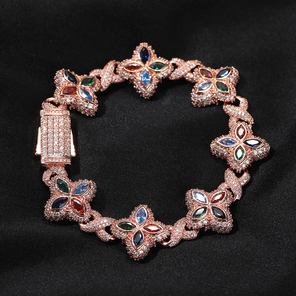 Iced Out Four Leaf Clover 5A Color Zircon Hip Hop Bracelet For