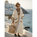 Women Boho V Neck Patch Pocket Print Loose Kaftan Maxi Beach Dress